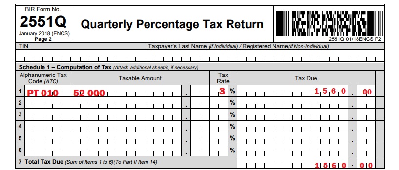 How to file Percentage Tax- Bir form 2551Q- Filling out Schedule 1-Computation of Tax