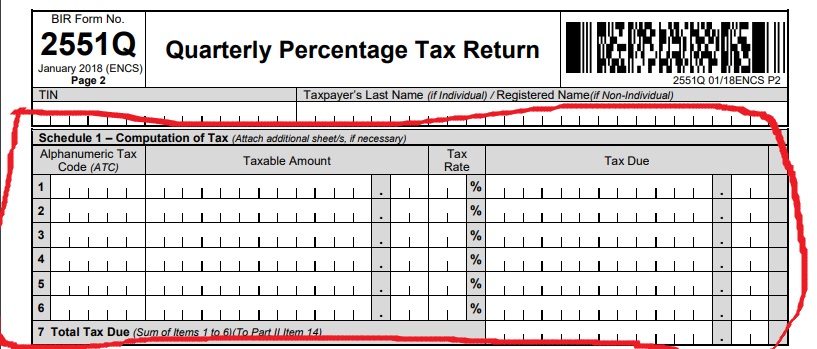 How to file Percentage Tax- Bir form 2551Q- Filling out Schedule 1-Computation of Tax